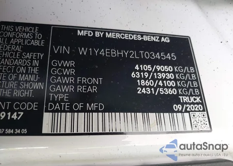 2020 Mercedes-Benz Sprinter 2500 Standard Roof V6 из США, поврежденный, VIN W1Y4EBHY2LT034545